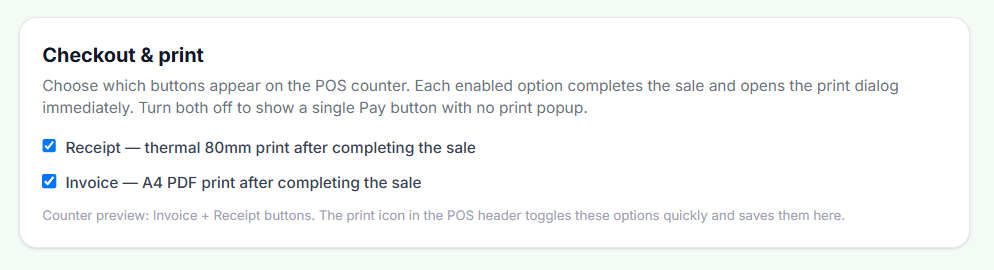 Checkout & print settings for thermal receipt and A4 invoice