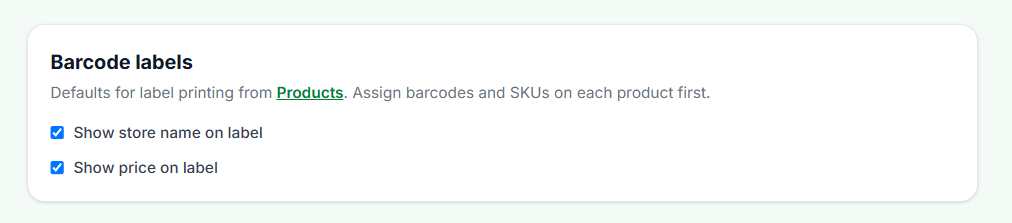 Barcode labels settings for store name and price on labels