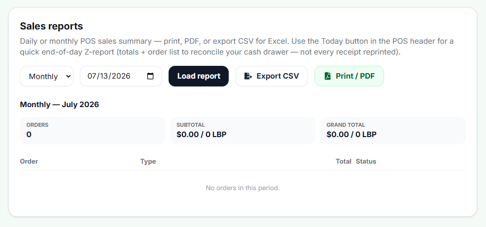 Sales reports screen with filters, CSV export, and PDF print