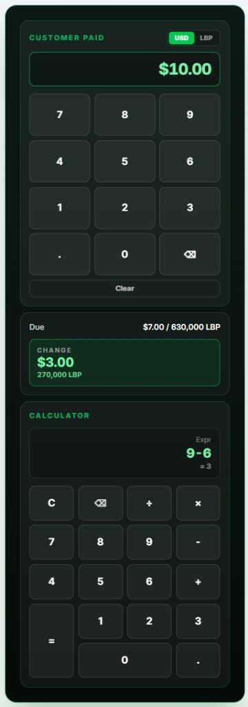 Customer Paid, Change, and Calculator