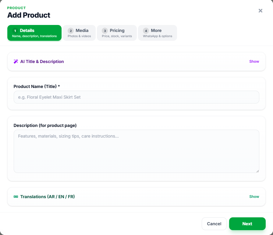 Add Product wizard Details step with name, description, and translations