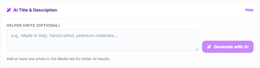 AI Title & Description panel with helper hints and Generate with AI