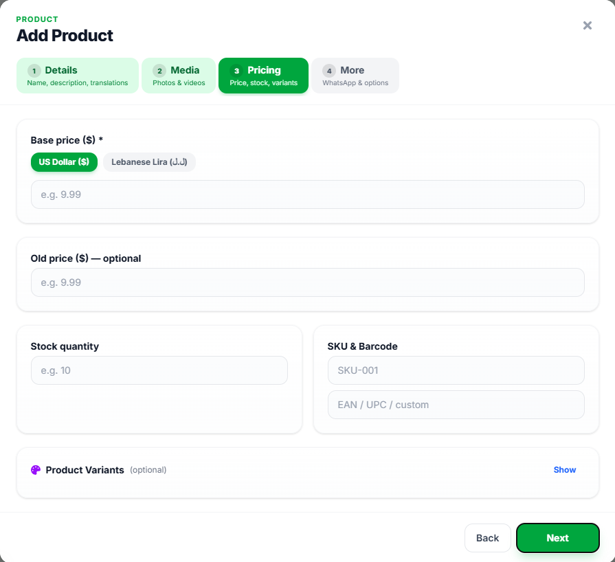 Add Product Pricing step with currency, stock, and SKU