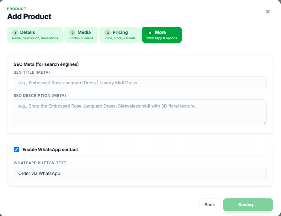 Add Product More step with SEO fields and WhatsApp settings